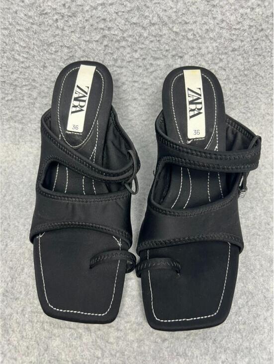 Zara Shoes - Zara Heels Neoprene Sandals size 5.5 Black Square Toe Block Heel Minimalist Chic